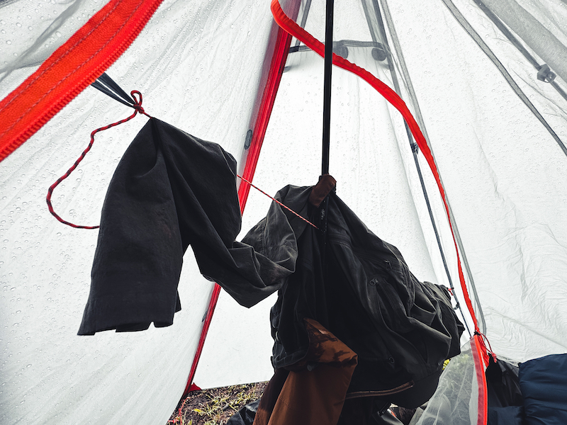 When pitched tightly, you can string up a line to dry gear inside the Owyhee tent.