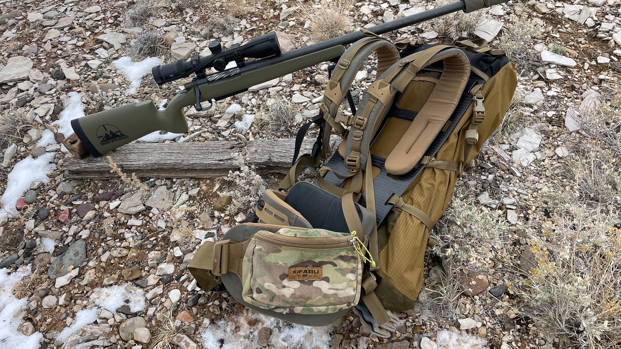 Kifaru ARK Frame, KU 4300 Bag, and Snowy Mountain Rifle